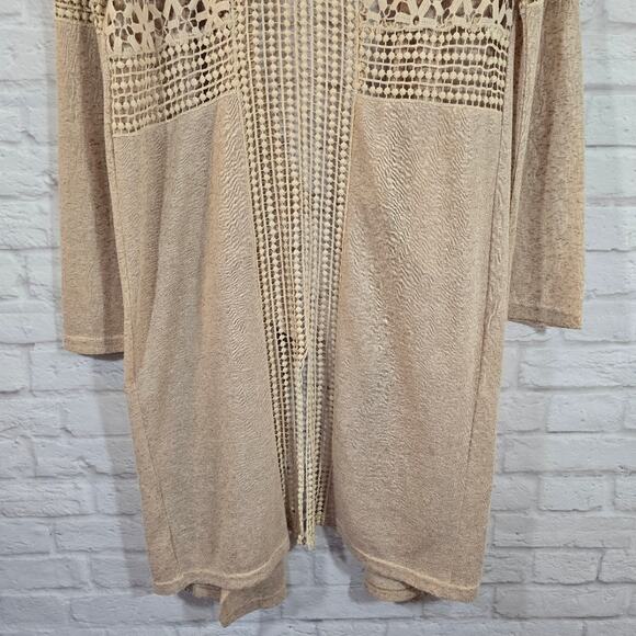 M Andree by Unit Oatmeal Cream Tan Open Front Long Cardigan Duster M Floral Lace - Picture 8 of 11